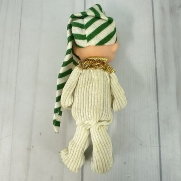 Vintage Rubber Face Pixie Elf Christmas Ornament Japan White Green 5" - Picture 2 of 5